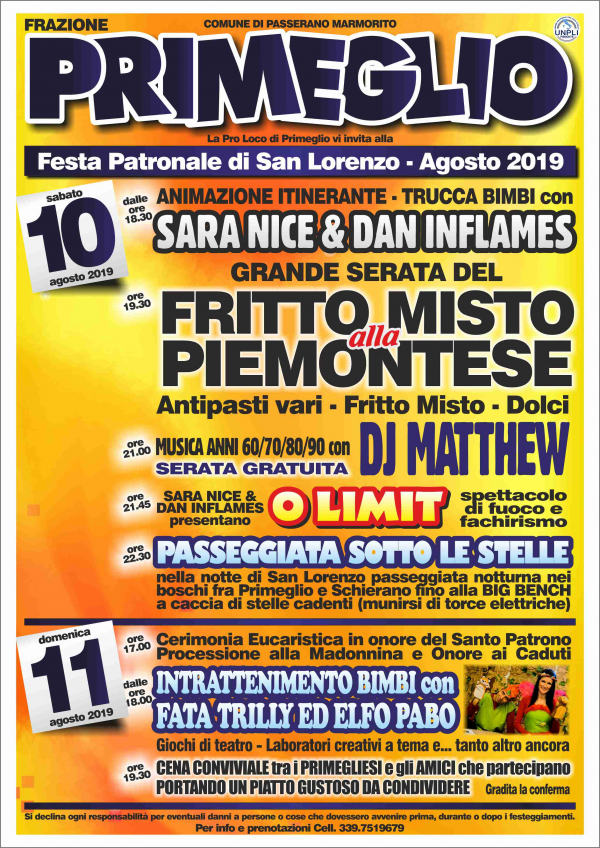 FESTA PATRONALE DI SAN LORENZO - PRIMEGLIO 2019